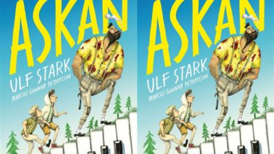 Ett bokomslag med titeln Åskan längst upp i stora gula bokstäver. Längst ner är en trappa gjord av pianotangenter och på trappan går två små pojkar bakom en stor man med svart skägg.