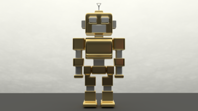 En gyllene robot står rakt
