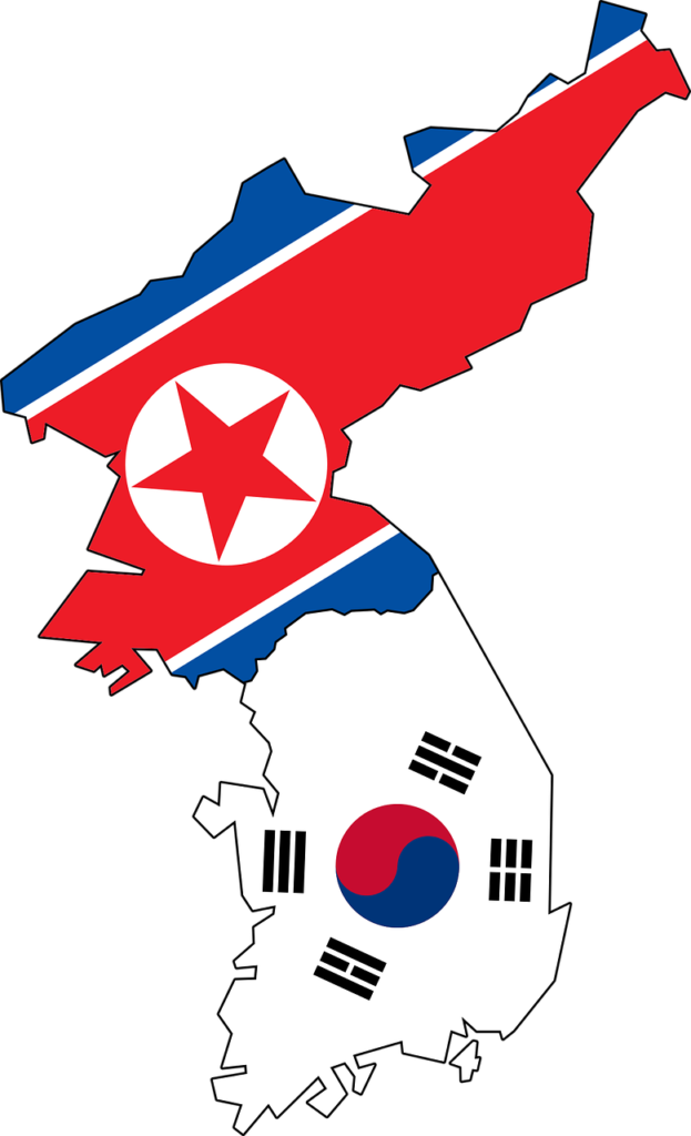 En karta som visar gränserna mellan Nord- och Sydkorea med deras flaggor
