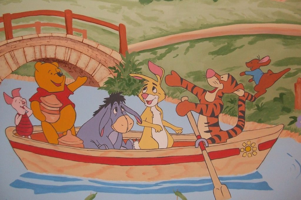 Nalle puh, Ior, Kanin, Nasse, och Tiger åker båt.