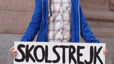 Greta Thunberg står i en rutig skjorta, en blå tjocktröja och håller i en skylt där det står Skolstrejk för klimatet